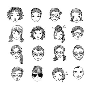Different faces. Hand drawing isolated objects on white background.
