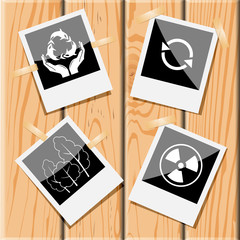 protection sea life, recycle symbol, radiation symbol, trees.