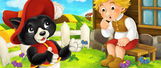 Obraz na płótnie Canvas Cartoon scene of a cat standing near the farmer boy and talking in the backyard - illustration for children