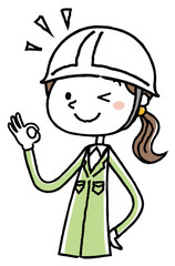 ヘルメットをかぶった作業服の女性　OKサイン
