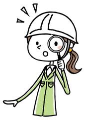 ヘルメットをかぶった作業服の女性　虫眼鏡
