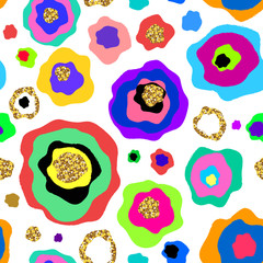 Colorful abstract seamless pattern with colorful doodle circles and golden glitter texture. Vector illustration