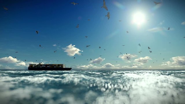 Cargo ship sailing, timelapse clouds and seagulls, sound included