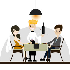 Set of romantic couple eating in  restaurant with server . Flat design