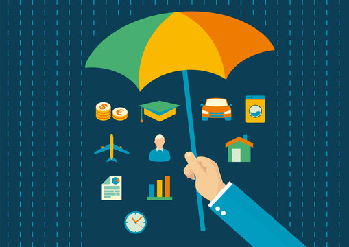 Vector flat design of insurance, man holding umbrella protecting assets