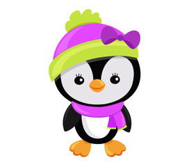 Illustration Cute Christmas penguin girl in a cap and a scarf.