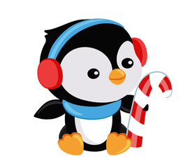 Cute Christmas penguin holds candy.