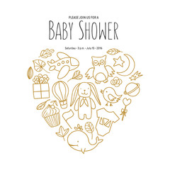 Baby shower invitation template. Hand drawn vintage illustration.