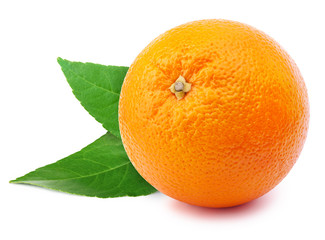 Perfectly retouched whole orange with leafs isolated on white background whith clipping path