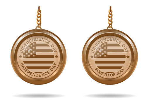 Set Round Gold Medallion On A Chain With An American Flag And Inscriptions - Independence Day, Fourth Of July. Independence Day. Vector Illustration