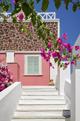 Classical Greek architecture of the streets with white stairs, Santorini Island in Greece