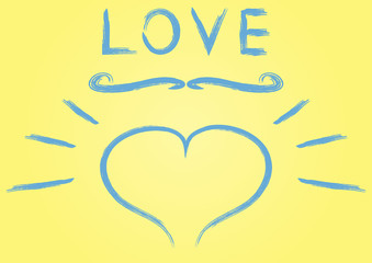 Illustration of a blue brush. Heart, twirl, inscription Love smear spray. Yellow background.