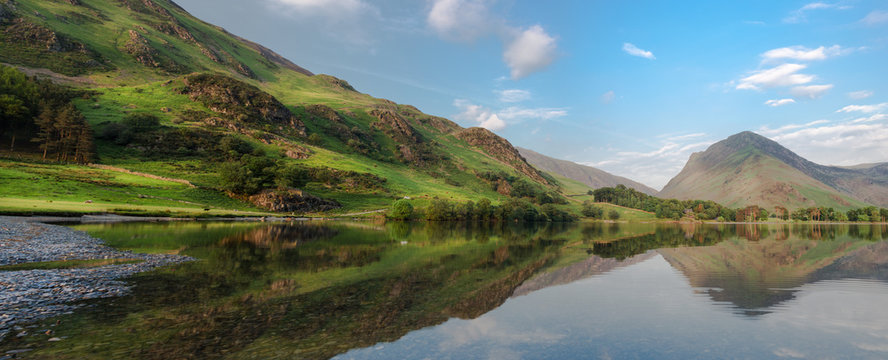 Mountains Reflections in Crystal Clear Water of Buttermere Lake,cumbria, UK