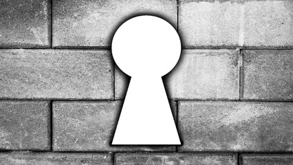 key hole on wall, find something, break wall to find something, break the wall to success, prison break, prison wall : black and white tone, copy space - obrazy, fototapety, plakaty