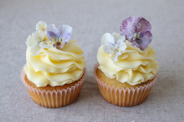 Yellow cupcakes with purple sugared edible flowers