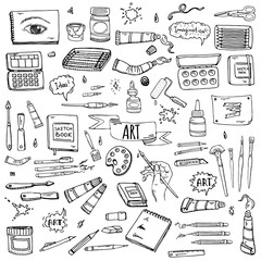 Obraz premium Hand drawn doodle Art and Craft tools icons set Vector illustration art instruments symbols collection Cartoon various art tools Brush Watercolor Paint Artist elements on white background Sketch
