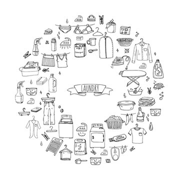 Hand drawn doodle Laundry set Vector illustration washing icons Laundry concept elements Cleaning business symbols collection Housework Equipment and facilities for washing, drying and ironing clothes