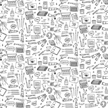 Seamless background hand drawn doodle Art and Craft tools icons set Vector illustration art instruments symbols collection Cartoon various art tools Brush Watercolor Paint Artist elements Sketch