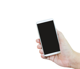 Isolated hand presenting or show white smartphone on white background