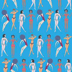 Summer seamless pattern of doodled women