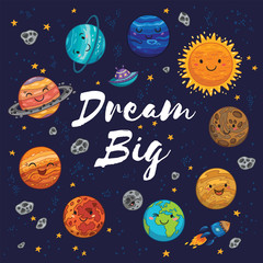 Fototapeta premium Dream Big - ręcznie rysowane plakaty z planetami, gwiazdami, kometami.