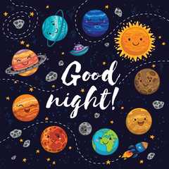 Fototapeta premium Dobranoc - ręcznie rysowane plakaty z planetami, gwiazdami, kometami.