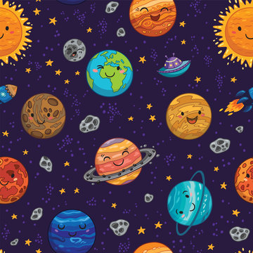 Seamless space pattern background with planets, stars and comets.