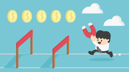 Concept Businessman Running Jumping Over Hurdle Collect money.Ca