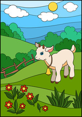 Obraz na płótnie Canvas Cartoon farm animals for kids. Little cute baby goat stands on the field with bell on the neck and smiles.