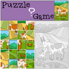 Education games for kids. Puzzle. Mother goat with her baby.