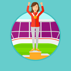 Sportswoman celebrating on the winners podium.