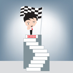 Businessman and index finger point at you on top stair of success and winner finish flag background, achievement success concept, illustration vector in flat design