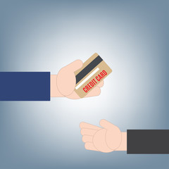 Hand giving or holding credit card money to another hand, financial loan concept, illustration vector in flat design