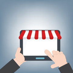 tablet in hand for shopping online web and mobile applications, mobile technology background concept, illustration vector in flat design