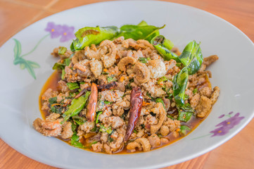 Abstract soft blurred and soft focus of duck sauce ( larb ped ),Spicy chicken. Thailand style food.
