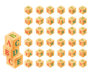Wooden blocks with letters and numbers, alphabet. Vector set, Isometric illustration