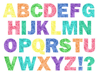 set of colorful letters entangled with thread-like bent lines