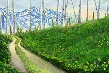 Watercolor Style Digital Artwork 19: Hope and Love Filled this Road Leading to a Hopeful Trip and Future. Realistic Fantastic Cartoon Style Character, Background, Wallpaper, Story Card Design