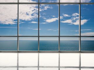 blank studio with blue sea and blue sky background