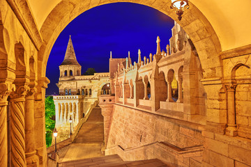 View on the Old Fisherman Bastion in Budapest. Night time.