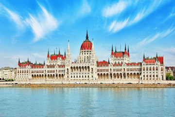 Fototapeta premium Hungarian Parliament at daytime. Budapest. View from Danube rive