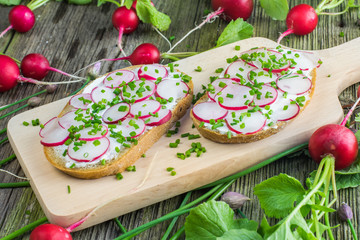 Detail on Wooden Board with Two Slices of Bread with Curd Cheese