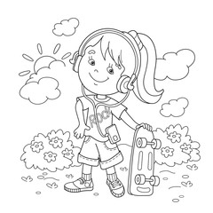Coloring Page Outline Of  girl in headphones with  skateboard