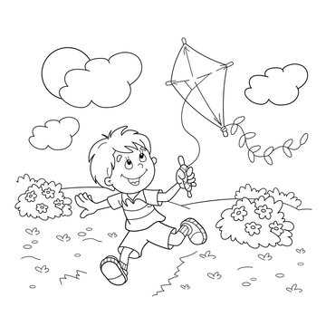 Coloring Page Outline Of cartoon boy running with a kite