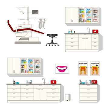 Set of different furniture for a dentist