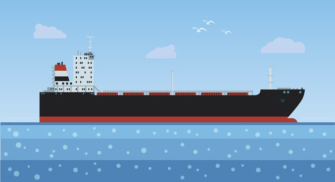 Oil tanker with a cargo into the sea. Vector illustration.