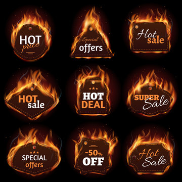 Hot fire sale, price, deal, offer labels, tag, badge set. Tag for promotion, design tags in fire for deal and offer. Vector illustration