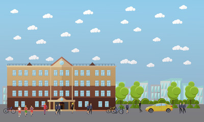 School and college vector banner. Students, teachers walk next to university buildings