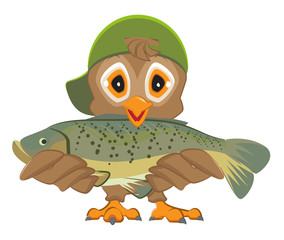 Owl holding fish. Fisherman with catch