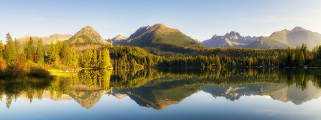 beautiful autumn morning over a mountain lake Strbske Pleso in the Tatra Mountains in Slovakia
